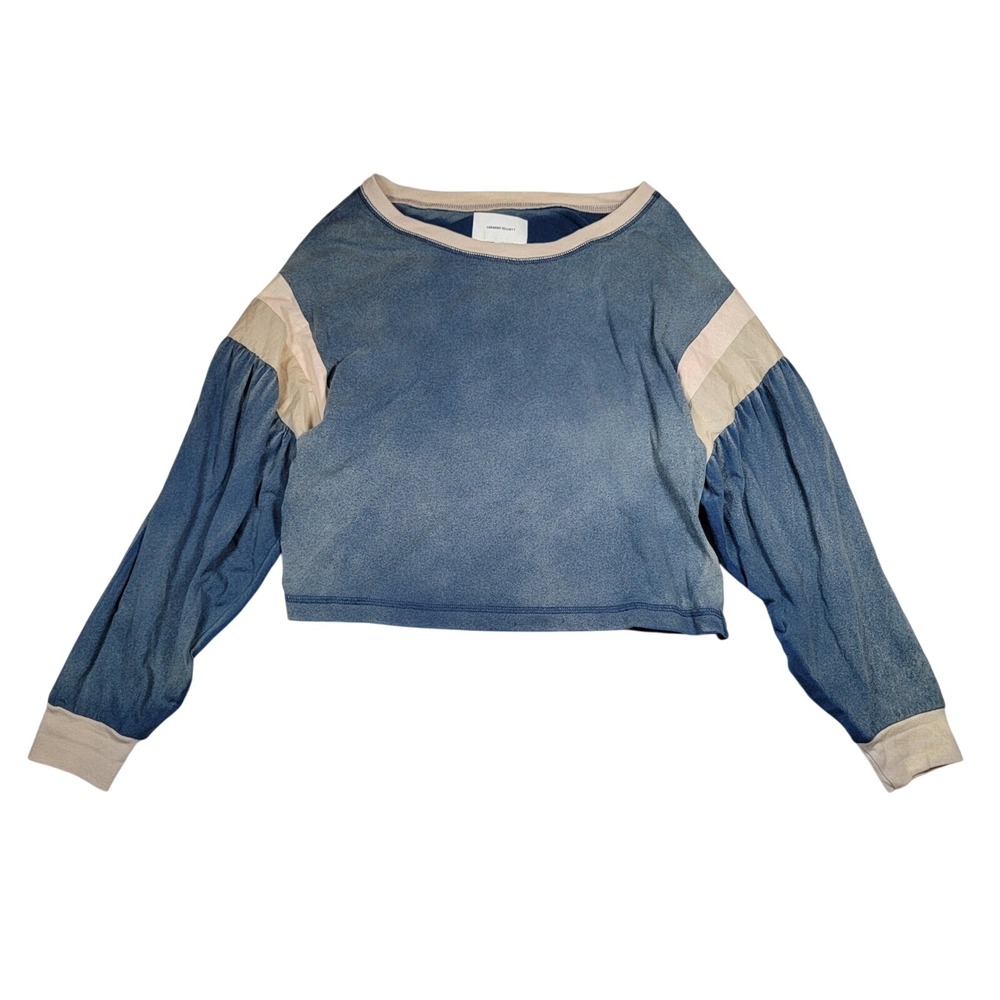 Current/Elliott Boatneck Sweatshirt Women Sz 1 S Blue Cream Oversized Distressed
